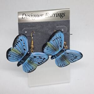 80's Handmade Handpainted Wood Blue Butterfly Dangle pierced earrings